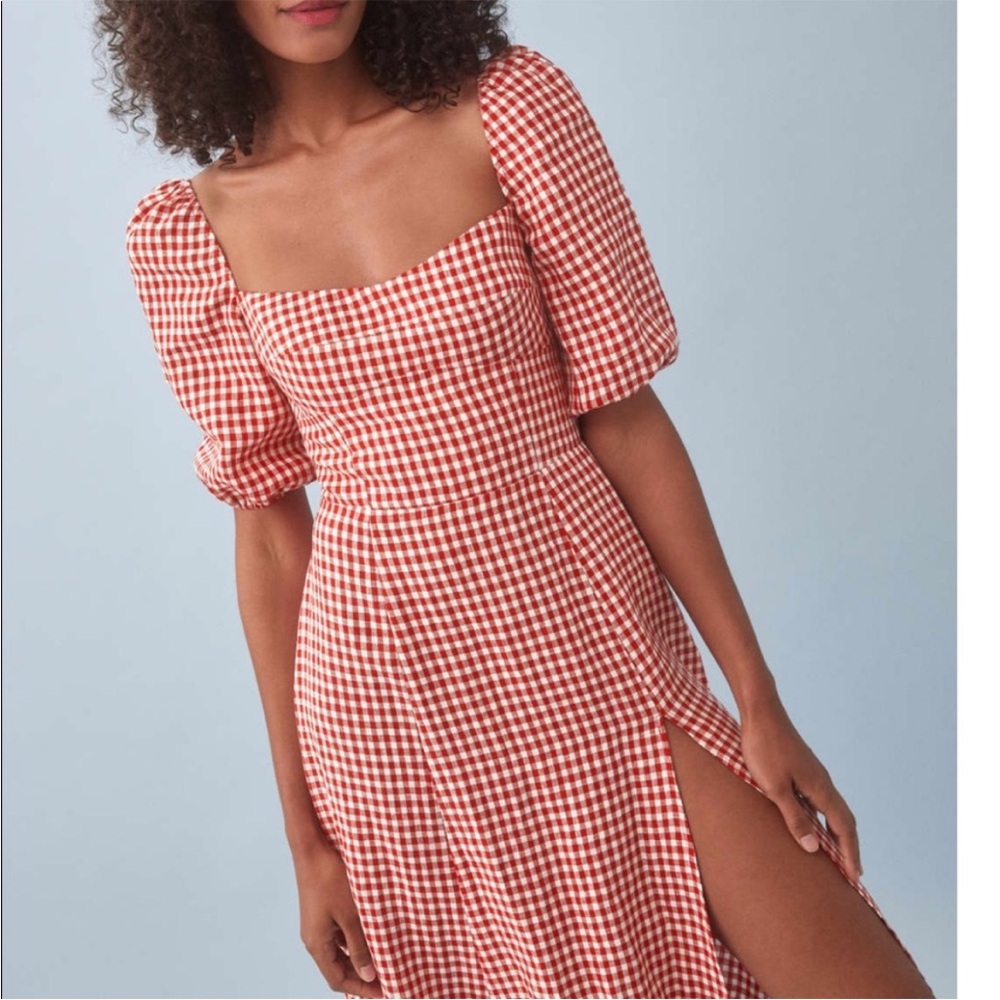 REFORMATION Red Gingham Check Puff Sleeve Cottagecore Linen Belgium Midi Dress - Picture 6 of 16